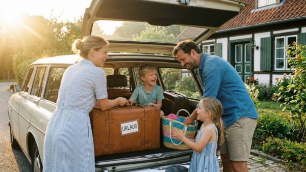 Familie packt das Auto für den günstigen Urlaub in den Sommerferien 2026