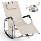 SONGMICS Schaukelliege, Liegestuhl, Schaukelstuhl mit Stopper, verstellbare Kopfstuetze, Stahlrahmen, Seitentasche, fuer Garten, beige GCB230WZ01