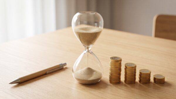 Tagesgeld Neukunden Aktionszins läuft aus - Sanduhr und absteigende Münzstapel