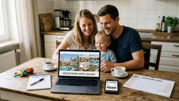 travelcircus disneyland buchung Travelcircus Disneyland Buchung am Laptop mit E-Ticket auf dem Smartphone