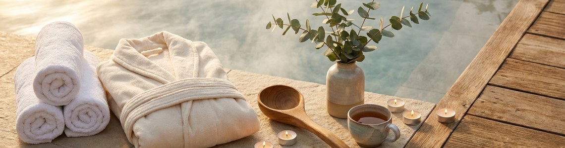Travelcircus Wellness – Handtuecher und Bademantel am Thermalbecken