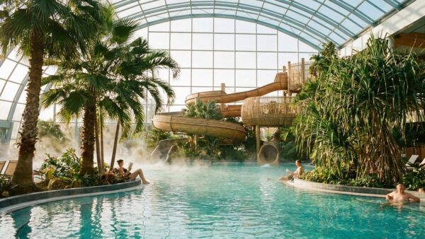 travelcircus wellness therme Therme mit Hotel über Travelcircus — tropische Thermenlandschaft mit Palmen