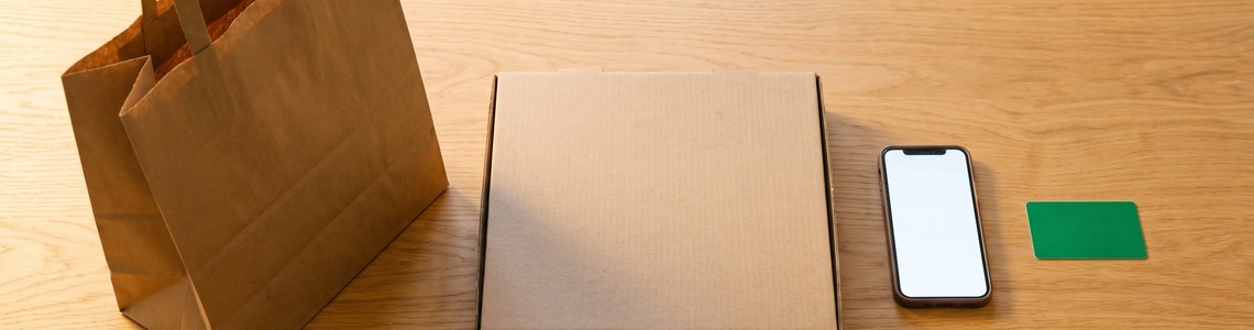 Uber Eats Gutschein Ratgeber - Liefertuete, Pizzakarton und Gutscheinkarte auf Holztisch