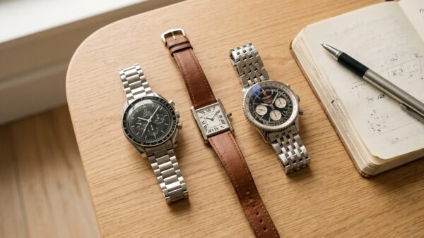 uhren auswahl Drei klassische Armbanduhren nebeneinander auf einem Holztisch