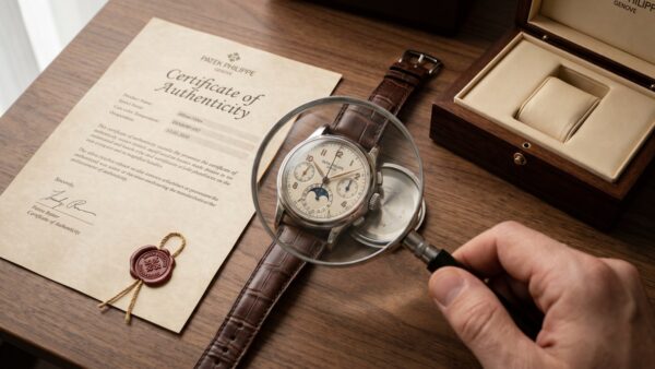 uhren echtheit Lupe über Zifferblatt und Zertifikat einer hochwertigen Armbanduhr