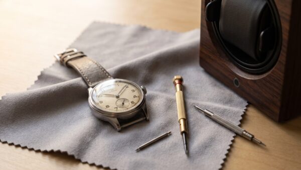 uhren pflege Armbanduhr mit Poliertuch und Uhrmacherwerkzeug