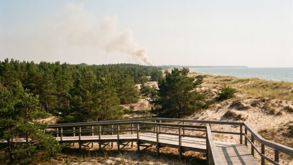 waldbrand urlaub lage Waldbrand am Urlaubsort mit Rauch über der Küstenlandschaft