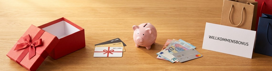 Willkommensbonus 2026: Geschenkbox, Gutscheinkarten, Sparschwein und Euro-Scheine