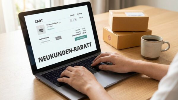 willkommensbonus neukunden gutschein Neukunden-Rabatt im Online-Shop: Gutscheincode-Feld im Warenkorb auf dem Laptop