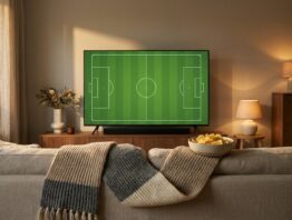 Fernseher mit Fussballfeld im Wohnzimmer WM 2030 bei MagentaTV