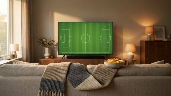 wm 2030 magenta Fernseher mit Fußballfeld im Wohnzimmer – WM 2030 Übertragung bei MagentaTV
