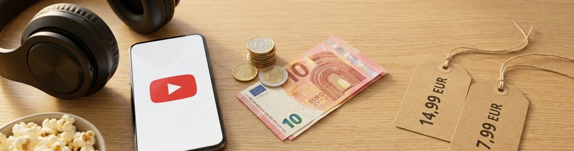 YouTube Premium Preiserhöhung 2026: Smartphone mit Play-Button, Euro-Scheine und Preisschilder