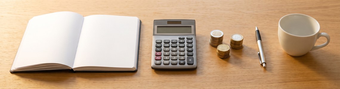 50-30-20-Regel Budget aufteilen Notizbuch und Taschenrechner