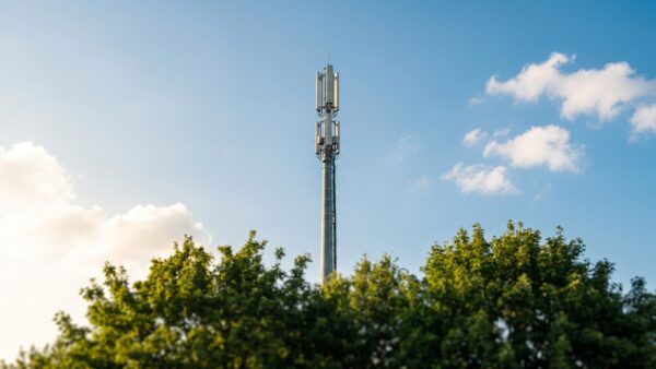 5g was ist 5G Mobilfunkmast mit Smartphone und 5G-Symbol in der Statusleiste