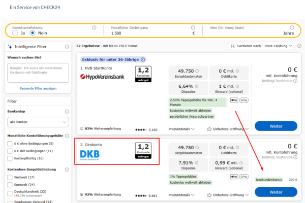 Bonus 2 DKB Girokonto Bonus im Tarifcheck-Vergleich: 200 Euro Neukundenbonus in der Ergebnisliste