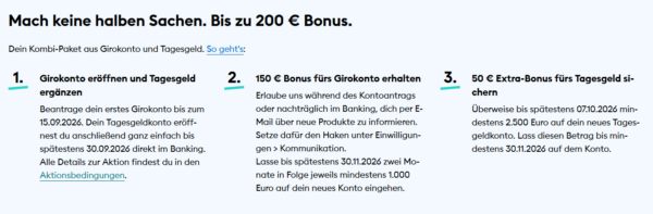 Kombi DKB Kombi-Paket: Bedingungen fĂŒr 150 Euro Girokonto-Bonus und 50 Euro Tagesgeld-Bonus in drei Schritten