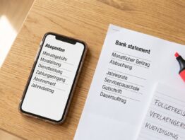 Abofallen erkennen: Smartphone mit Abo-Übersicht neben Kontoauszug und Notizblock