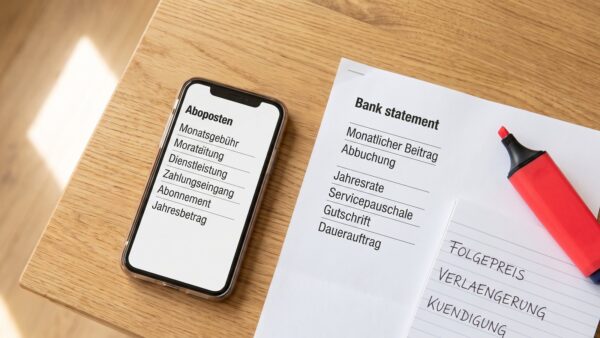 abo fallen erkennen bild 1 1 Abofallen erkennen: Smartphone mit Abo-Übersicht neben Kontoauszug und Notizblock