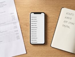 Überblick über alle Abos: Kontoauszug, Smartphone mit Abo-Liste und Notizblock