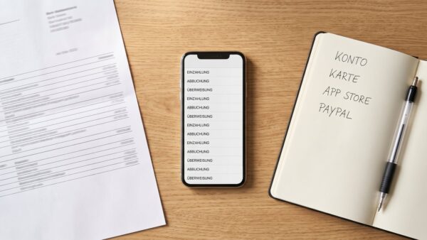 abo manager uebersicht bild 1 Ăśberblick ĂĽber alle Abos: Kontoauszug, Smartphone mit Abo-Liste und Notizblock