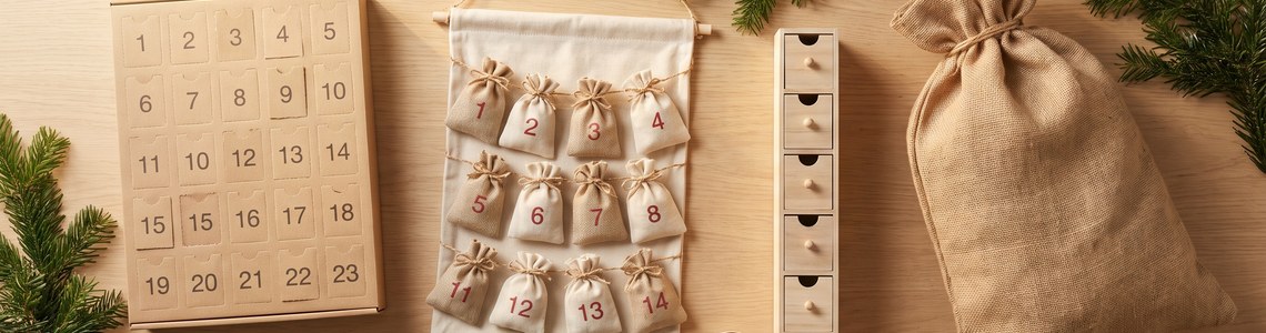 Adventskalender 2026 - verschiedene Kalenderarten mit Tannenzweigen und Geschenkband