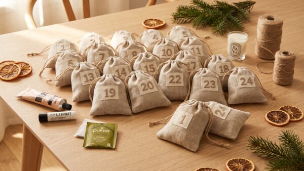 Selbst befüllter Adventskalender mit Stoffsäckchen und kleinen Geschenken