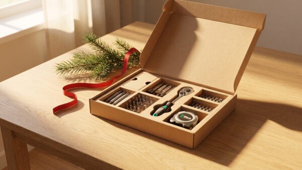 Adventskalender für Männer mit Werkzeug und Grillgewürzen auf Holztisch