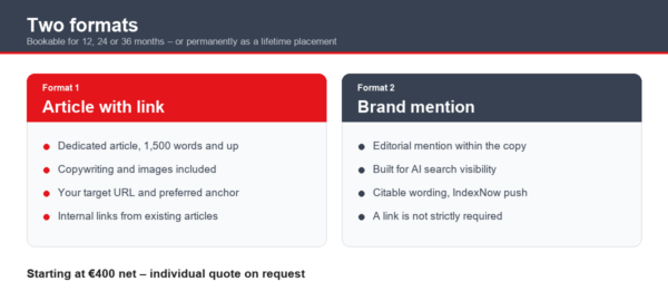 advertising formats Two advertising formats on MonsterDealz: article with link from 1,500 words and brand mention for AI search systems