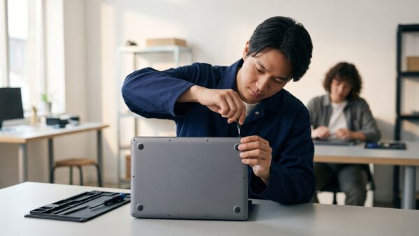 afb shop gutschein 1 werkstatt Techniker öffnet ein Notebook in der Werkstatt fĂŒr den AfB Shop Refurbishment-Prozess