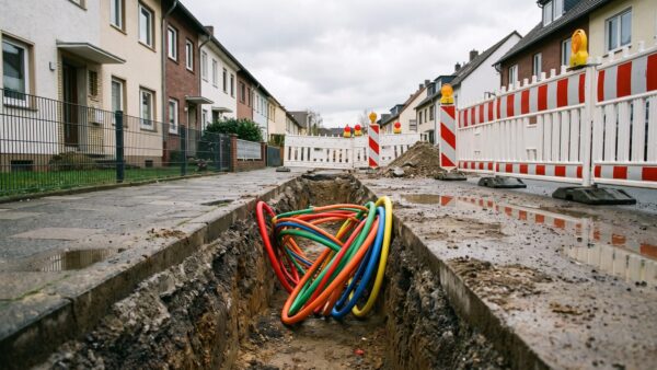 agentC glasfaser i1 Baugrube mit Leerrohren für den Glasfaserausbau in einer Wohnstraße