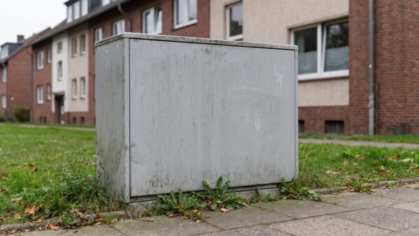 agentC glasfaser i2 Grauer Kabelverzweiger am Straßenrand als Endpunkt eines FTTC-Anschlusses