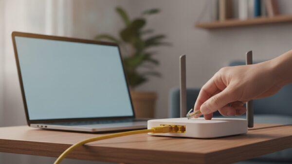 agentD internetgeschwindigkeit messen Netzwerkkabel wird in einen WLAN-Router gesteckt — Internetgeschwindigkeit richtig messen