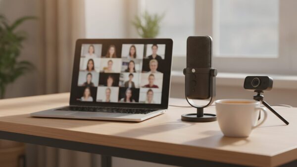 agentD internetgeschwindigkeit upload Homeoffice-Schreibtisch mit Notebook und Webcam — Upload-Geschwindigkeit für Videocalls