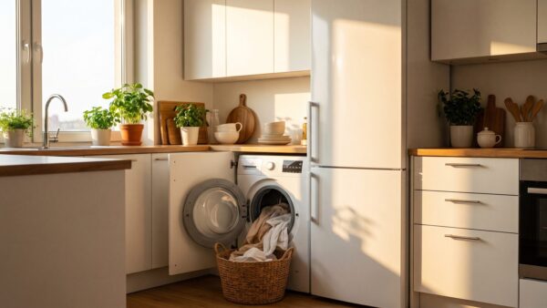 Helle Küche mit Waschmaschine und Kühlschrank — durchschnittlicher Stromverbrauch im Haushalt