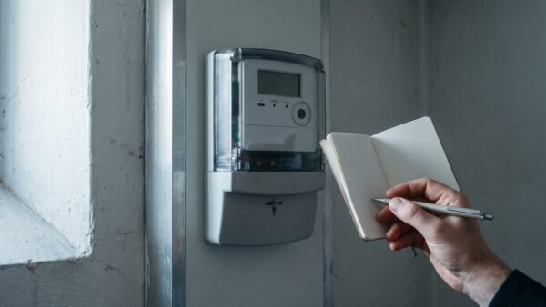 Digitaler Stromzähler an einer Kellerwand mit Notizbuch — Zählerstand ablesen