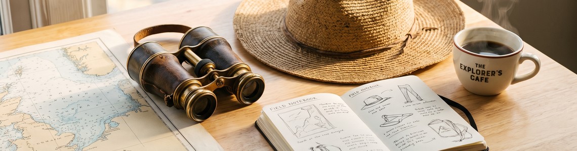 Seekarte, Fernglas und Sonnenhut auf einem Tisch
