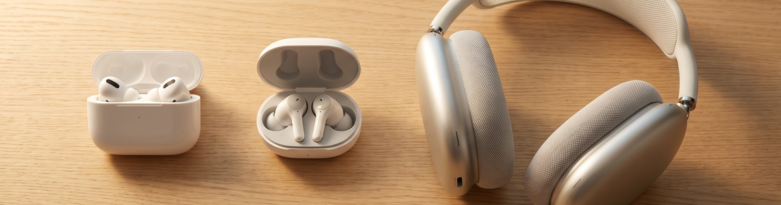 Kabellose Ohrhoerer, In-Ear-Hoerer und Over-Ear-Kopfhoerer nebeneinander im Vergleich
