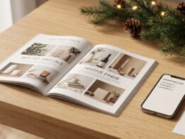 Werbeprospekt und Smartphone mit Angebotsliste auf einem Holztisch