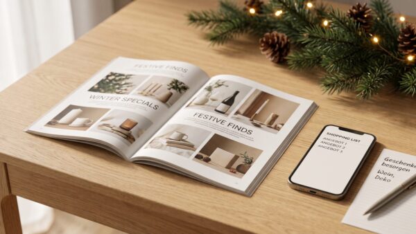 aldi sued adventskalender verkaufsstart Werbeprospekt und Smartphone mit Angebotsliste auf einem Holztisch
