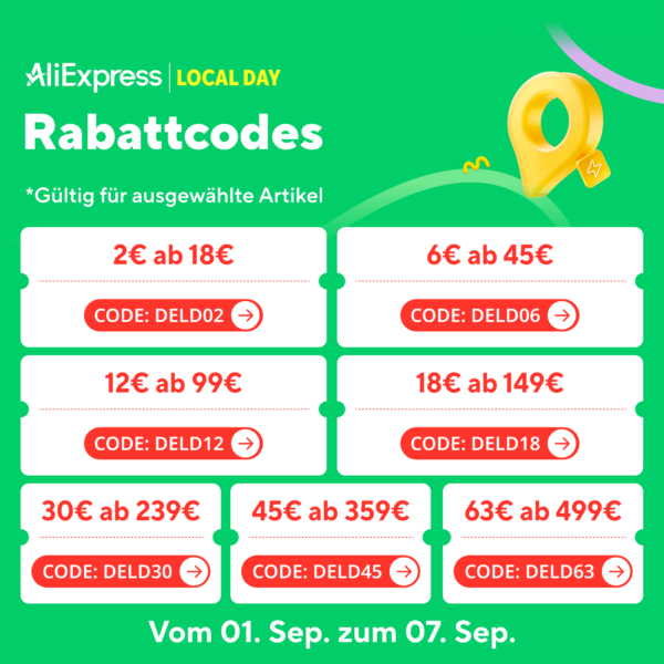 AliExpress Local Day Rabattcodes: 2 Euro ab 18 Euro bis 63 Euro ab 499 Euro
