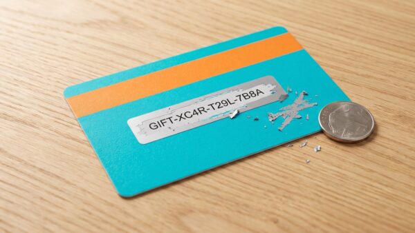 Amazon Geschenkkarte mit freigerubbeltem Gutscheincode auf Holzschreibtisch