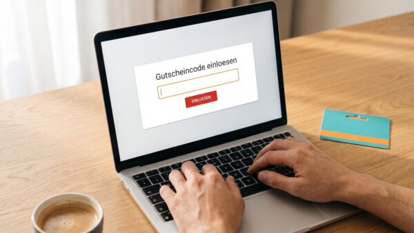 Amazon Gutscheincode einlösen an der Kasse am Notebook