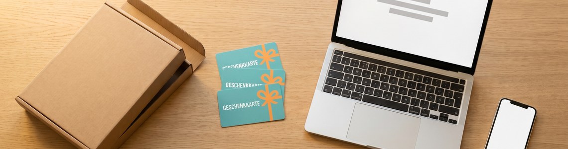 Code fuer Amazon - Geschenkkarten, Paket und Notebook auf dem Schreibtisch