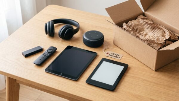 Amazon Cyber Monday Angebote Technik Kopfhörer Streaming-Stick und Tablet auf Schreibtisch