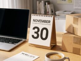Amazon Cyber Monday 2026 Kalenderblatt 30. November mit Paketen und Laptop