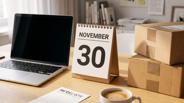 Amazon Cyber Monday 2026 Kalenderblatt 30. November mit Paketen und Laptop
