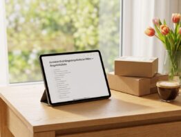 Amazon Frühlingsangebote im März – Angebotsliste auf dem Tablet mit Versandkartons