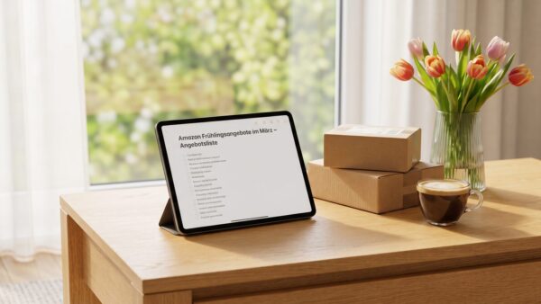 amazon fruehlingsangebote was ist das Amazon Frühlingsangebote im März – Angebotsliste auf dem Tablet mit Versandkartons