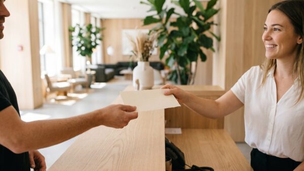 Gast löst an der Hotelrezeption einen Hotelgutschein ein