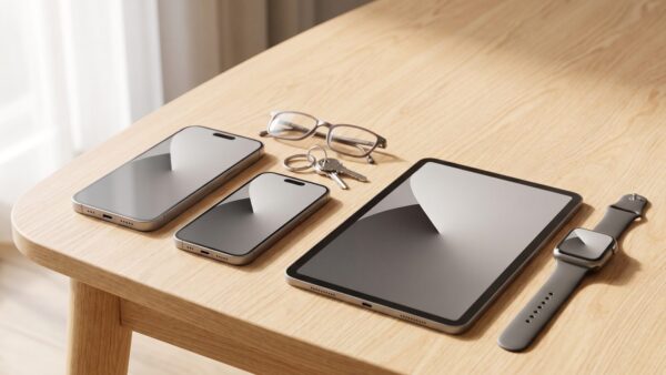 Apple Familienfreigabe: vier Geraete einer Familie auf einem Tisch
